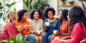 Diverse mothers in a supportive group meeting, smiling together.
