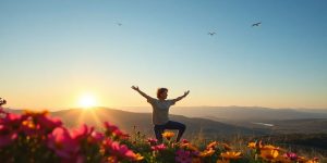Person practicing yoga in nature during a beautiful sunrise.