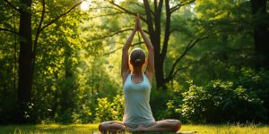 Person practicing yoga in a peaceful natural setting.