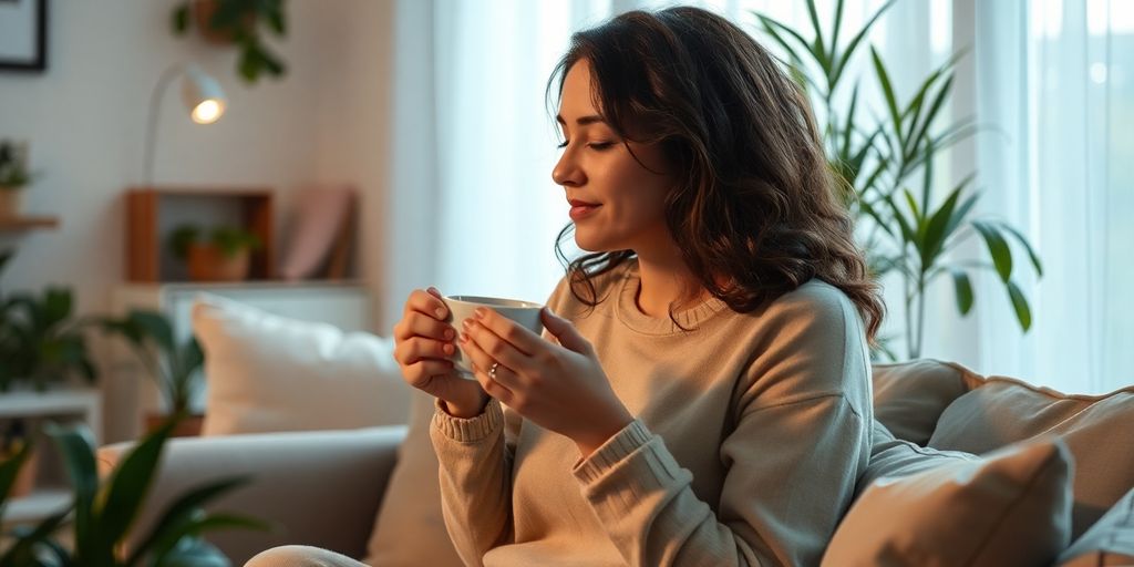 Mom relaxing with tea in a cozy living room.
