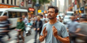 Person meditating calmly in a bustling city scene.