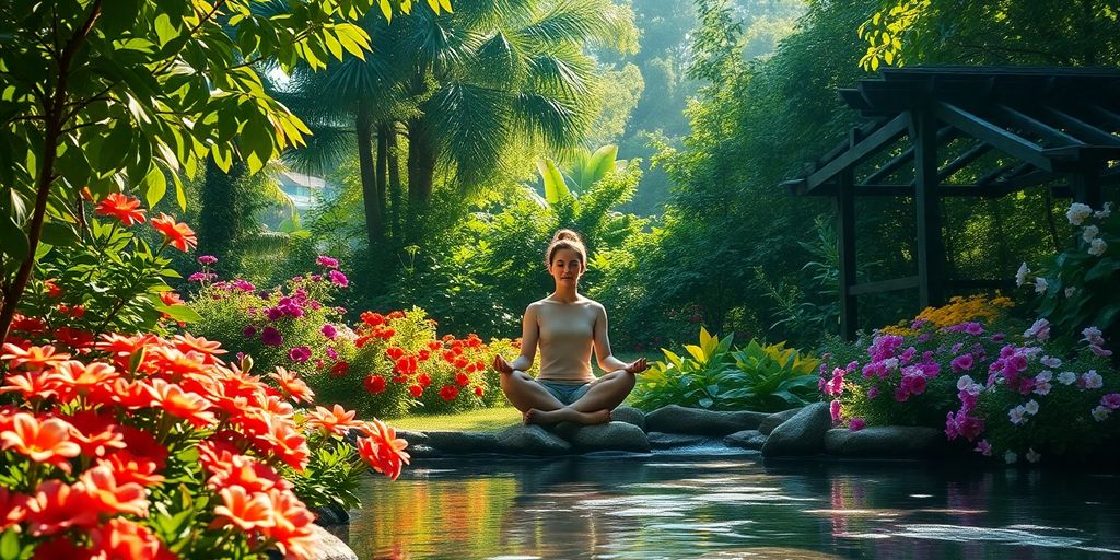 Person meditating in a peaceful garden setting.
